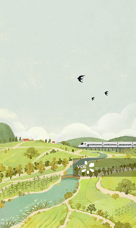 春天节气插画乡村的田野图片素材