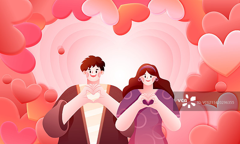 情侣比心情人节七夕心形背景矢量插画图片素材