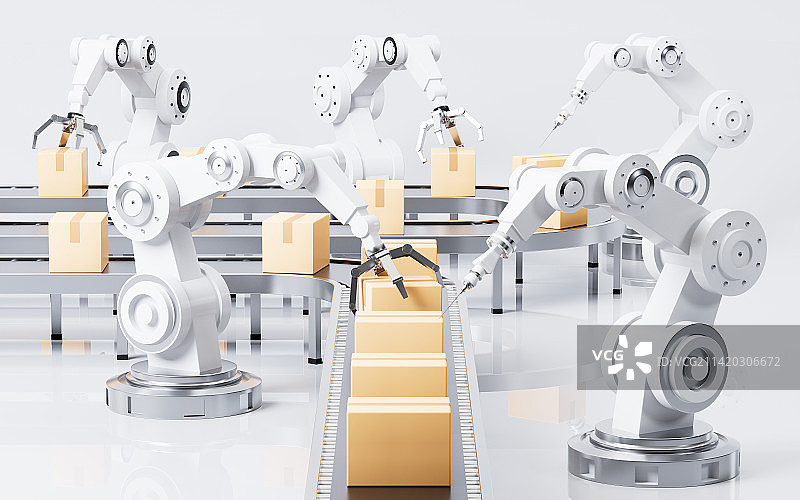 机械臂与流水线作业场景3D渲染图片素材