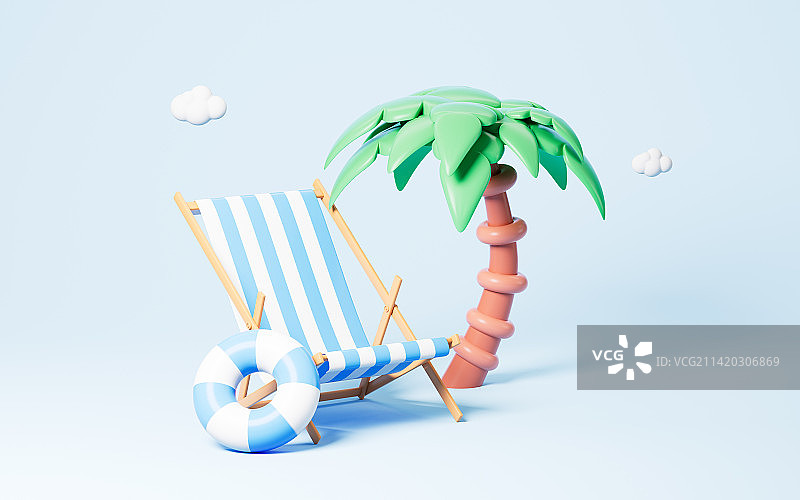 卡通风格的沙滩椅和棕榈树3D渲染图片素材