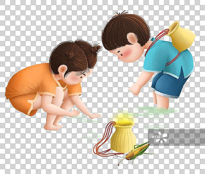 两个背背篓捉萤火虫的小孩子图片素材