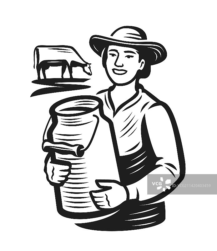 农民挤奶女工与牛奶罐标志乳品农场图片素材