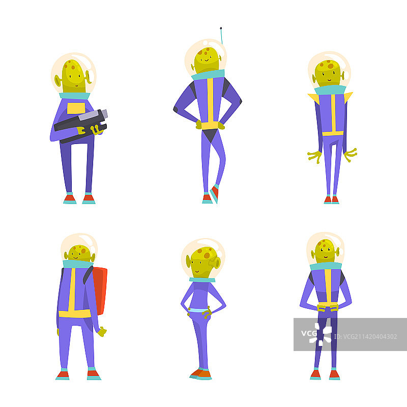 可爱的绿色外星人穿着太空服和头盔图片素材