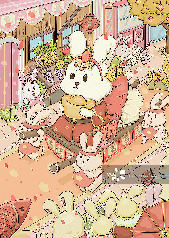 财神兔子在欢闹的街道中被兔群欢送图片素材