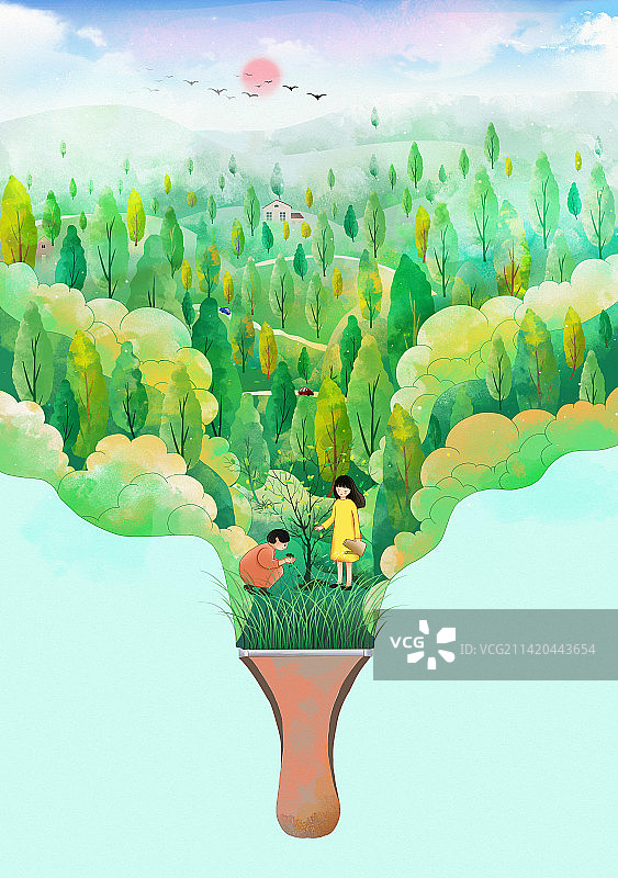 油漆刷出一片绿色的春天 树林里种小树苗的两个女孩 爱护环境人人有责图片素材