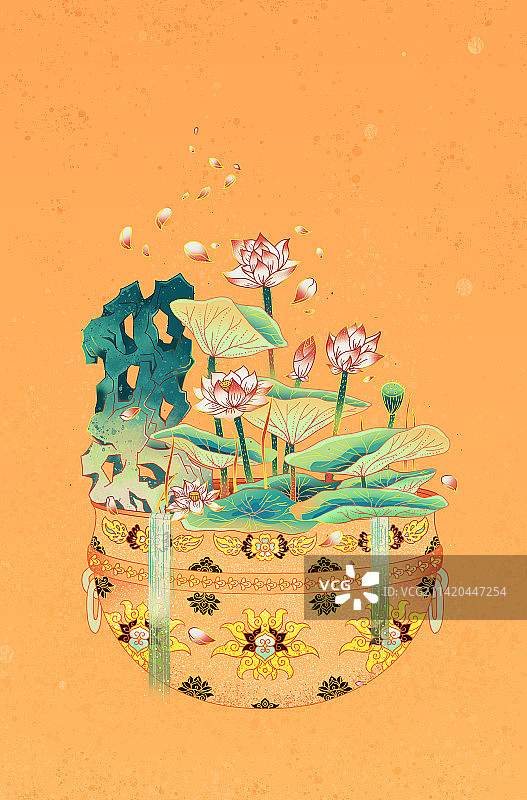 国风线性插画荷花盆景图片素材