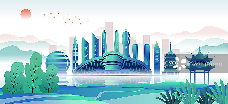 中国浙江杭州天际线新国潮清新插画图片素材