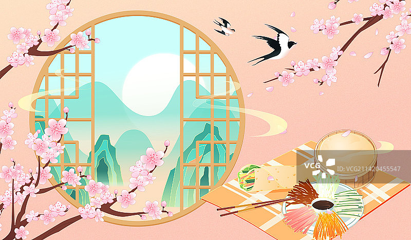 国风传统节气立春春天吃春饼矢量插画图片素材