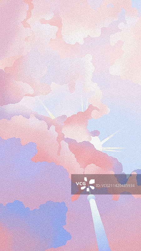 粉色天空和阳光下的高塔图片素材