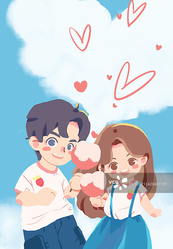 插画蓝天白云情人节的情侣图片素材
