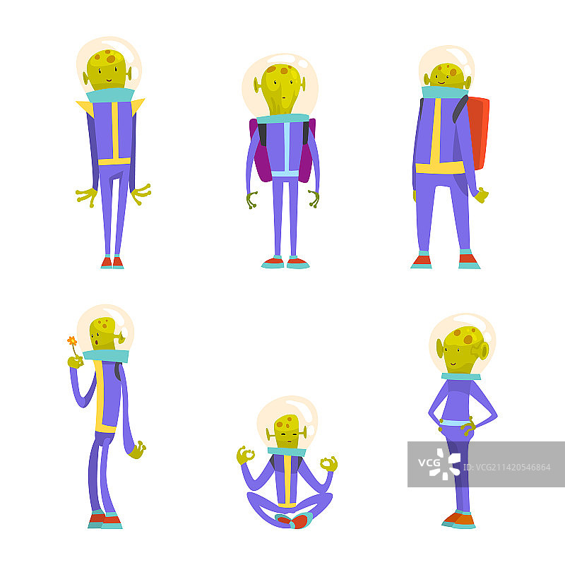 穿着太空服和头盔的可爱外星人套装图片素材
