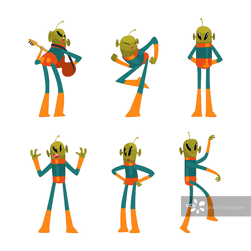 可爱的⼀组穿着宇航服的有趣绿色外星⼈图片素材