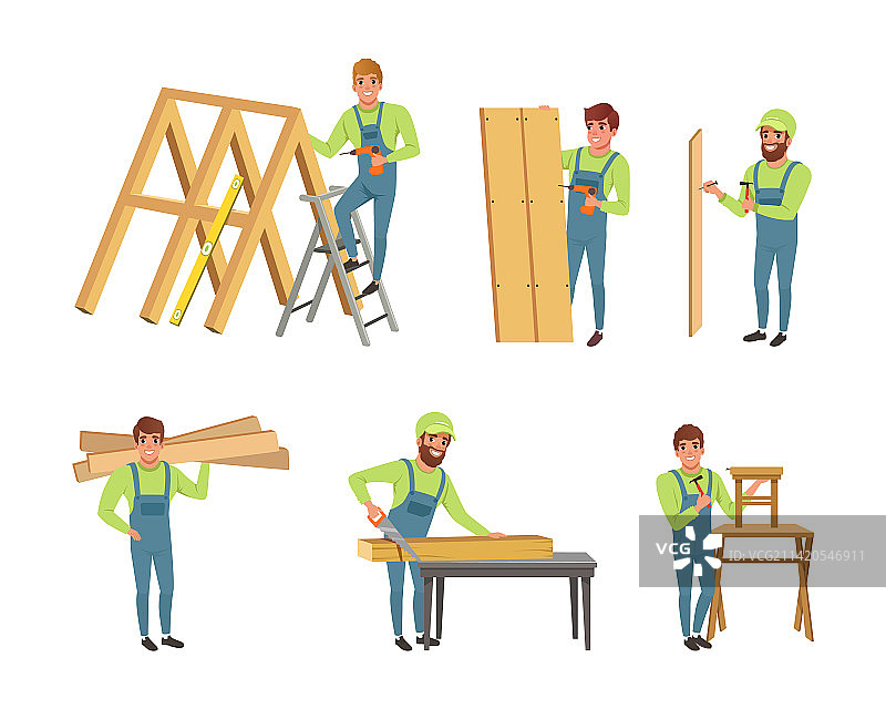 穿工作服的男性木匠在车间工作图片素材