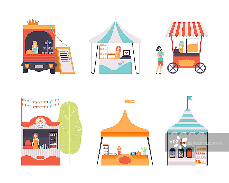 夏季街道的户外摊位、货车和帐篷图片素材