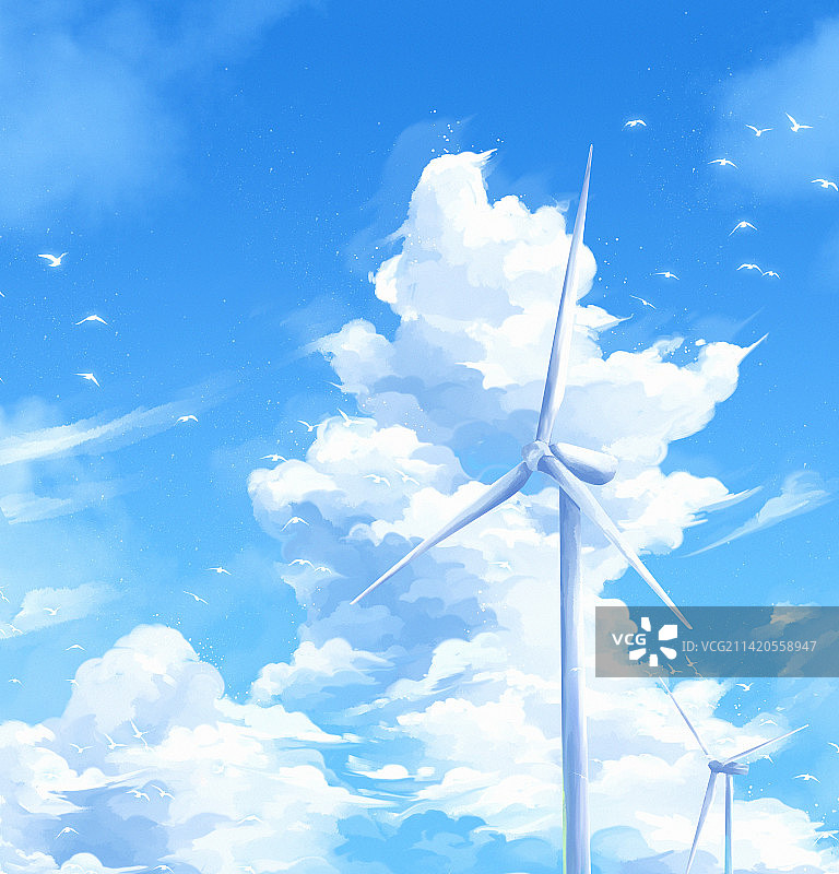 夏日天空风车插画背景图片素材