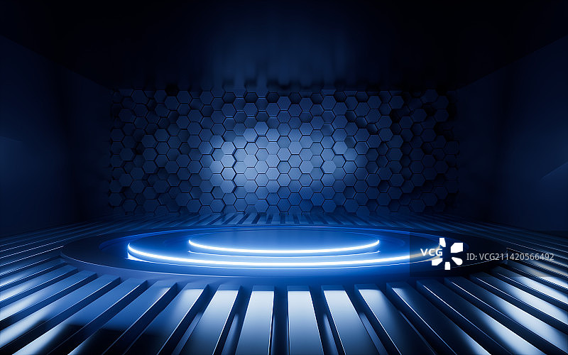 室内霓虹灯展示台场景3D渲染图片素材