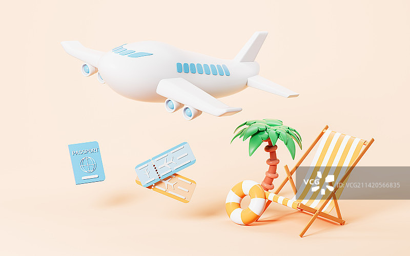 夏日海边沙滩旅游主题3D渲染图片素材