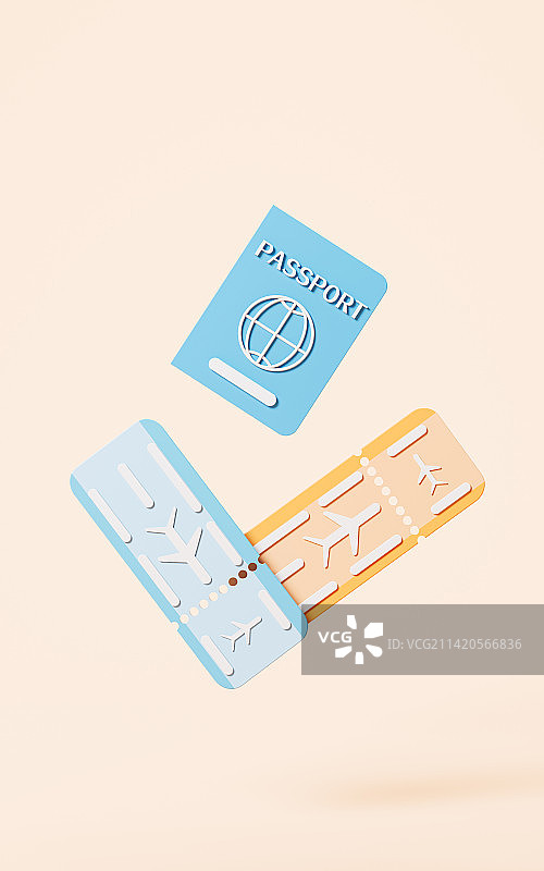 卡通机票和护照3D渲染图片素材