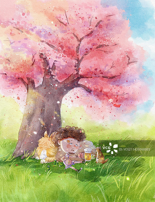 樱花树荫下的流浪汉和兔子图片素材