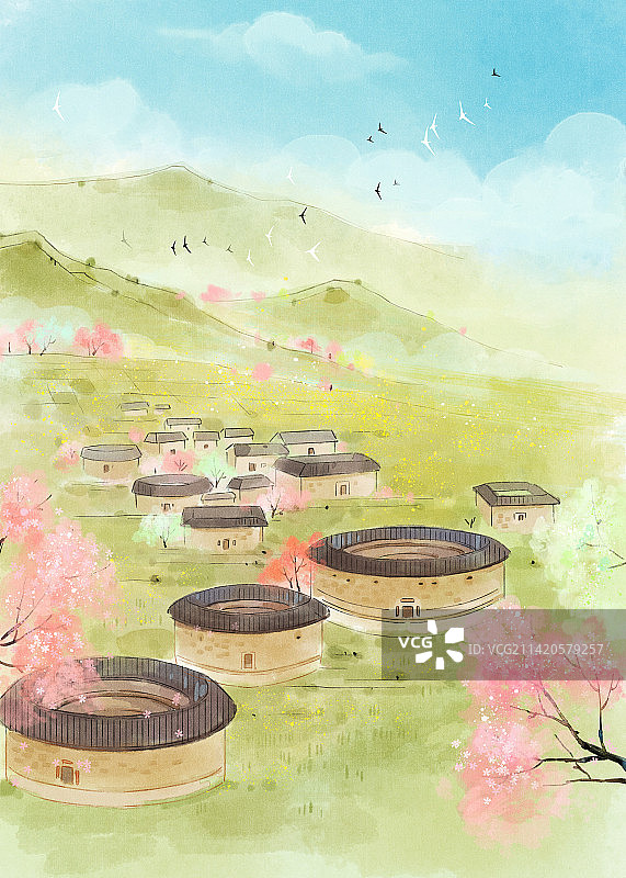 春天的福建土楼插画图片素材