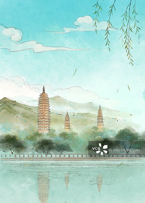 崇圣寺三塔插画图片素材