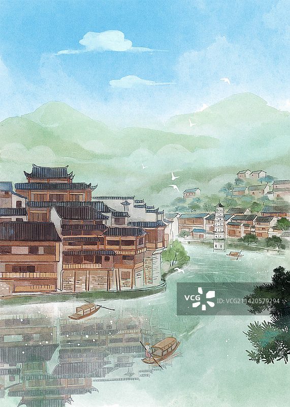 湖南凤凰古城插画图片素材