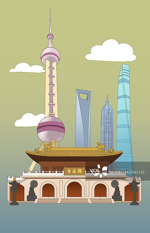 北上广深现代发达城市都市上海静安寺摩天大楼基础建设繁荣繁华建筑插画图片素材