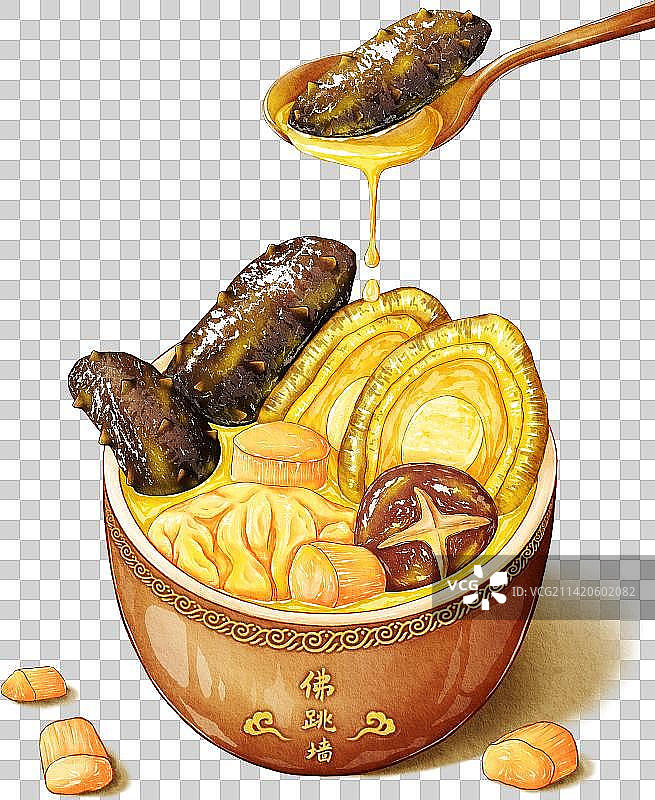 中华传统美食金汤佛跳墙海参鲍鱼香菇鸡汤水彩写实风格免扣素材图片素材