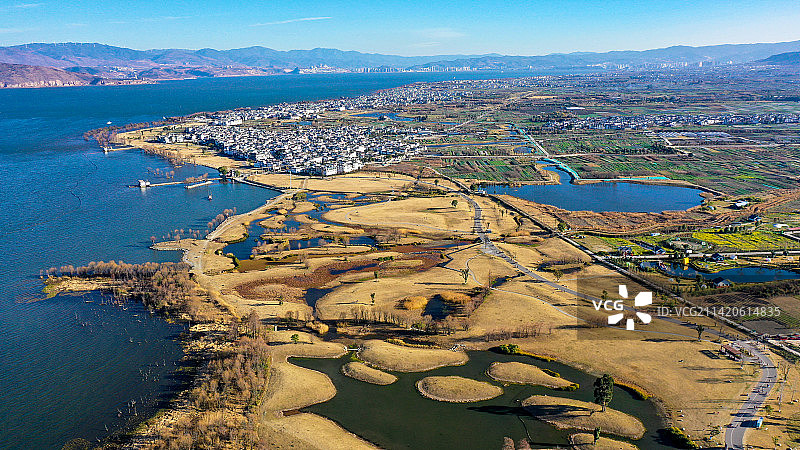 俯瞰洱海湿地，云南大理洱海生态廊道图片素材