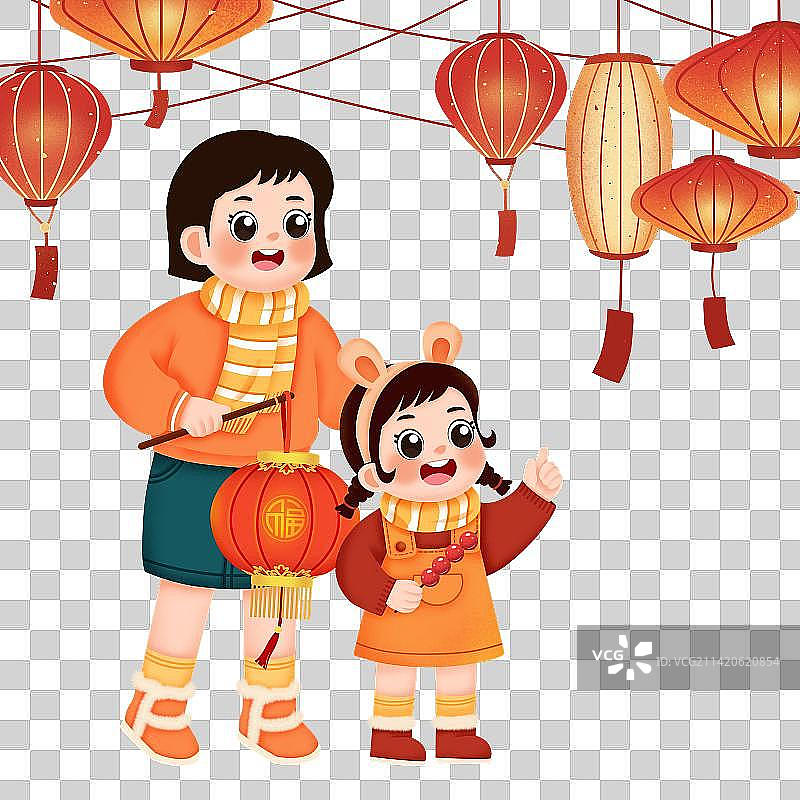 妈妈拿着灯笼陪伴着孩子逛花灯，元宵佳节图片素材