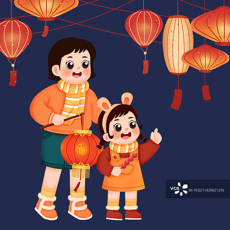 妈妈拿着灯笼陪伴着孩子逛花灯，元宵佳节图片素材