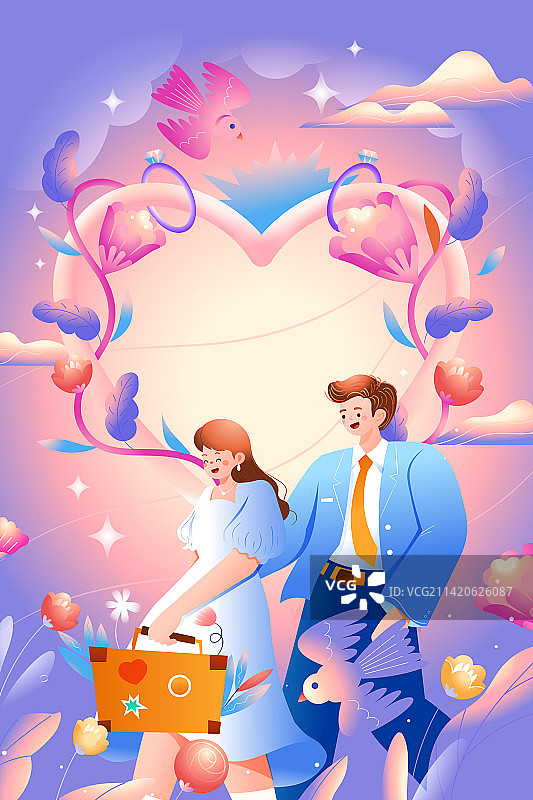 卡通情侣情人节约会旅行春季出游旅游度蜜月求婚纪念日爱情在一起伴侣电商促销优惠活动渐变矢量插画图片素材