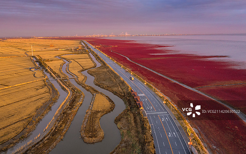 海边的农田与湿地，盘锦红海滩的航拍视角，红海滩国家风景廊道图片素材