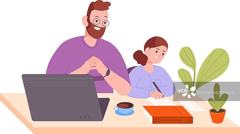 父亲辅导女儿做作业图片素材