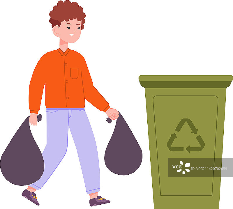 儿童扔垃圾，男孩提着垃圾袋图片素材