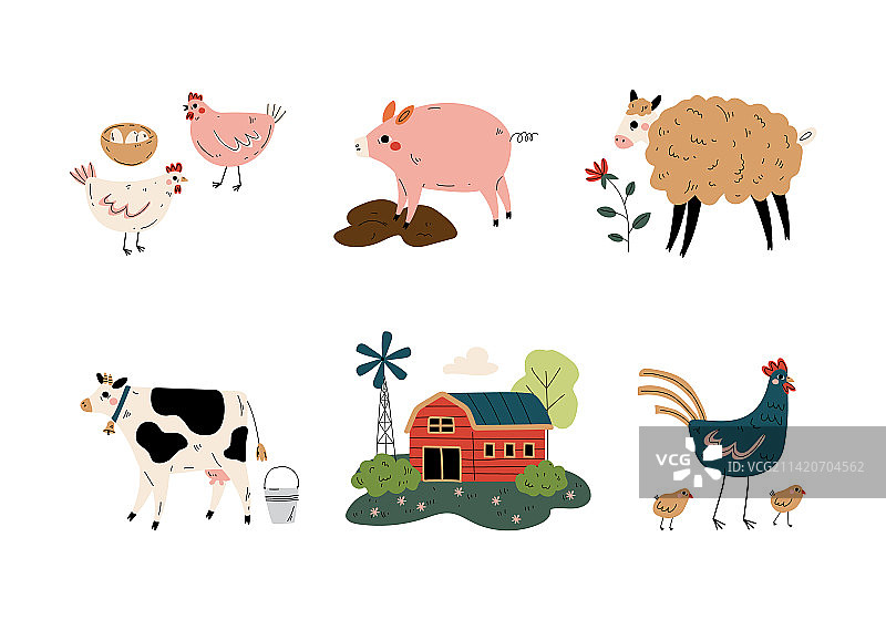 农场动物和红色谷仓农业图片素材