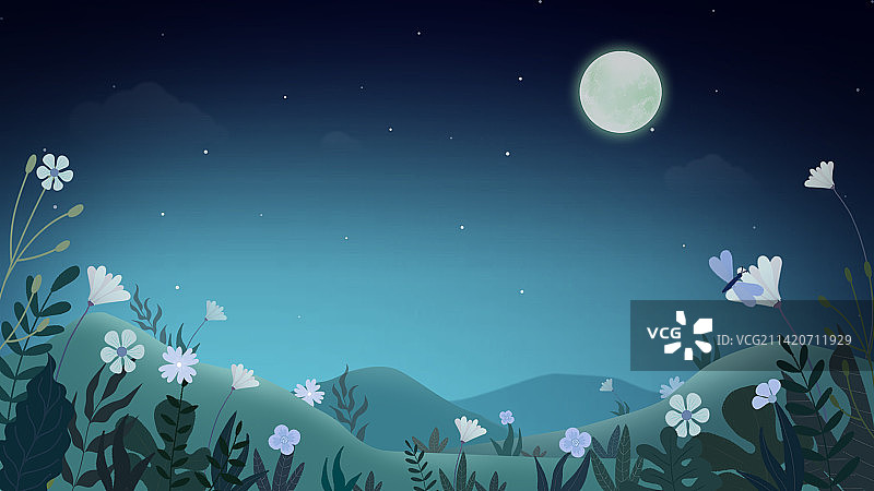 夜景山丘花丛插画图片素材
