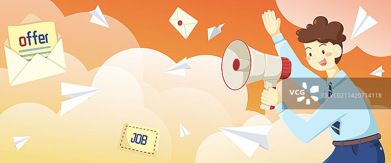 纸飞机信件围绕男生拿着喇叭图片素材