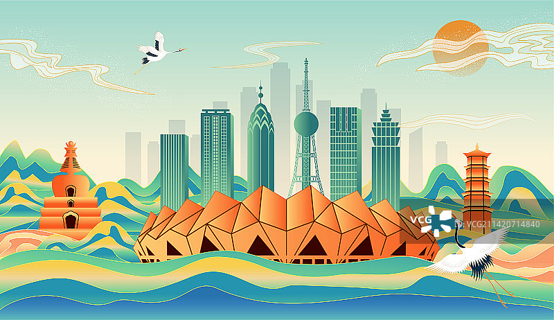 中国青海省西宁市城市国风海报插画图片素材