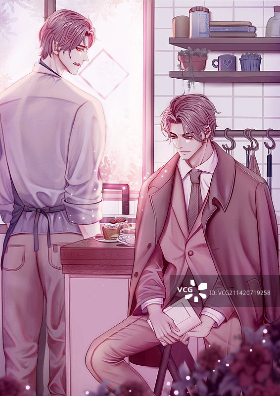 厨房中坐着的西装男人和站着的围裙男人图片素材