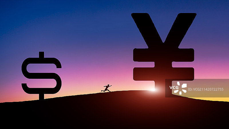 一个人抛弃美元，正向着人民币奔跑剪影图片素材