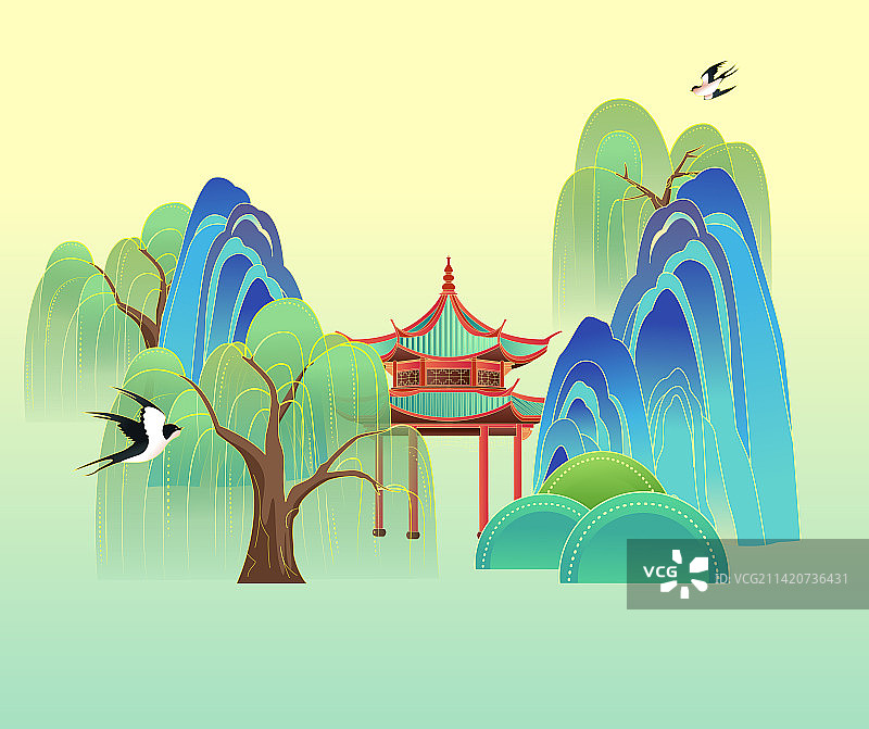 国风春天户外凉亭风景图片素材
