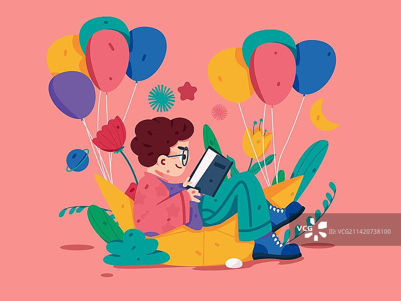 扁平插画阅读的儿童图片素材