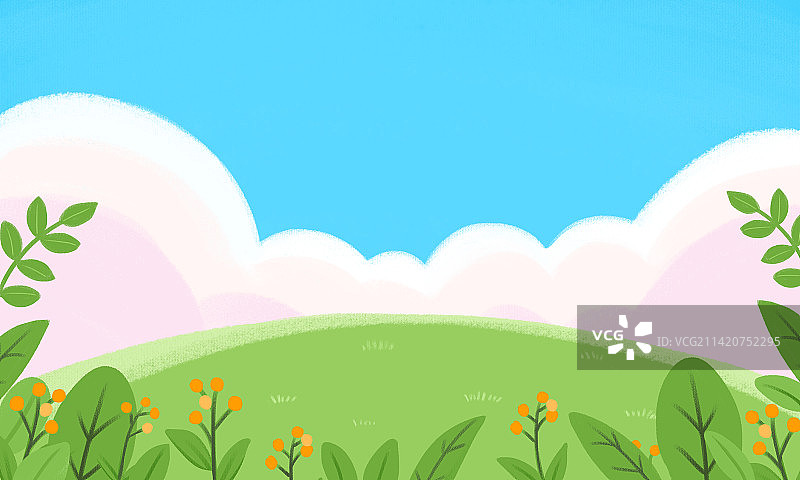 春天蓝天草地风景手绘插画图片素材