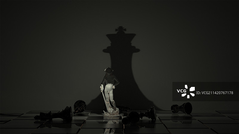 大卫雕像与散落的棋子，国王棋子的影子，黑白棋盘背景图片素材