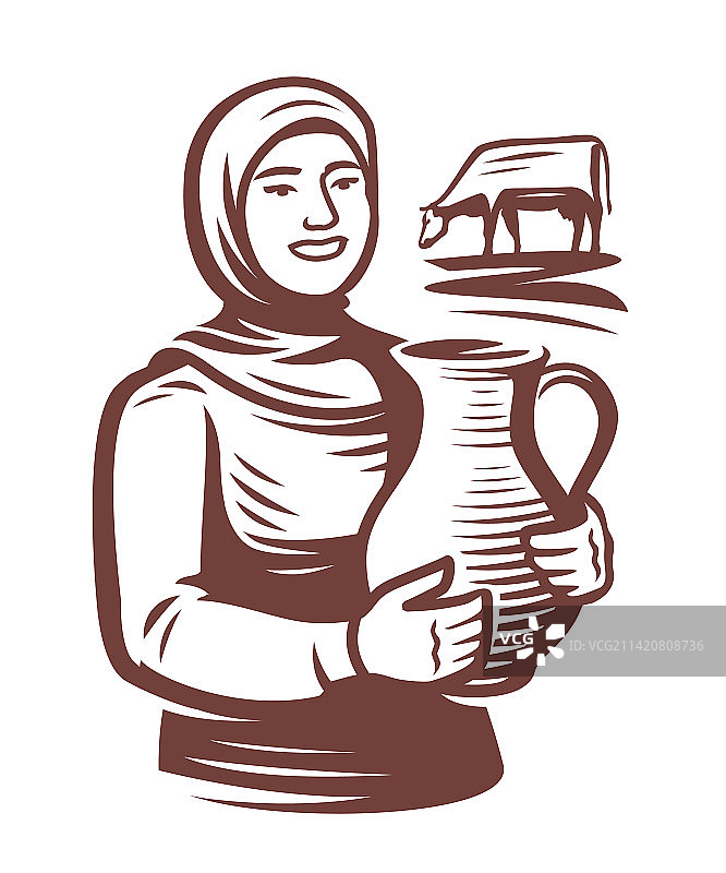 挤奶女工在放牧地持新鲜牛奶罐图片素材