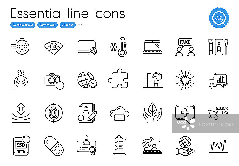 胶囊药丸笔记本电脑和拼图线性图标图片素材
