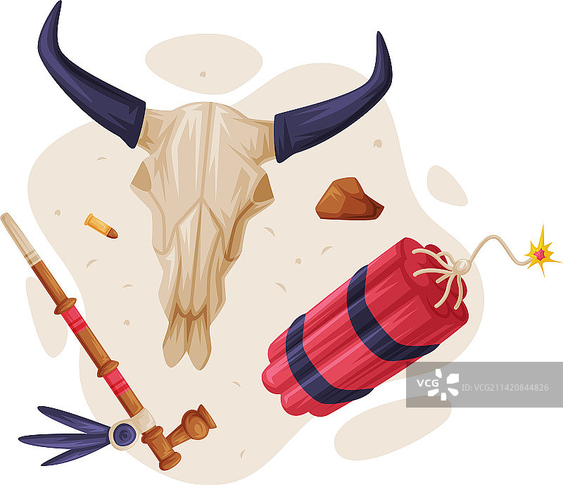 抽烟斗和炸药的公牛头骨，狂野西部图片素材