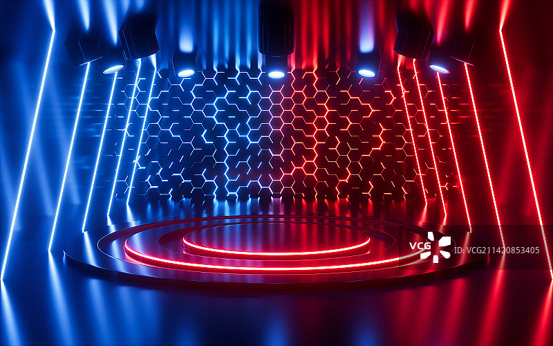 室内霓虹灯展示台场景3D渲染图片素材