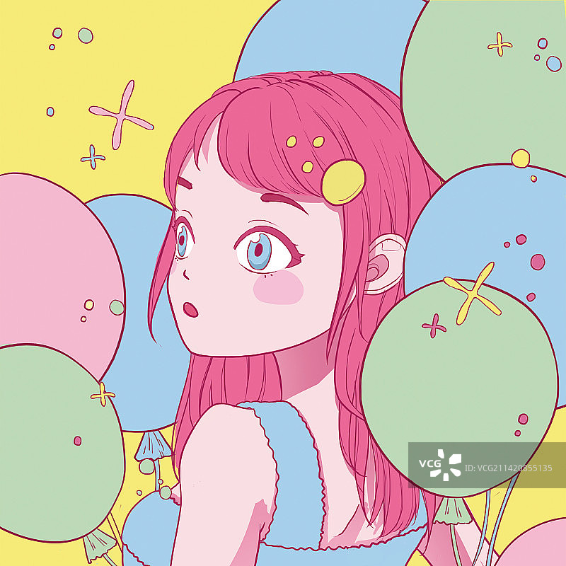 女孩在气球里回头图片素材